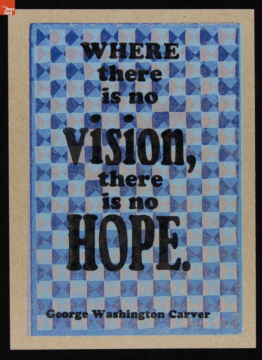 Letterpress Print, Print with light and dark blue checkerboard background and large text