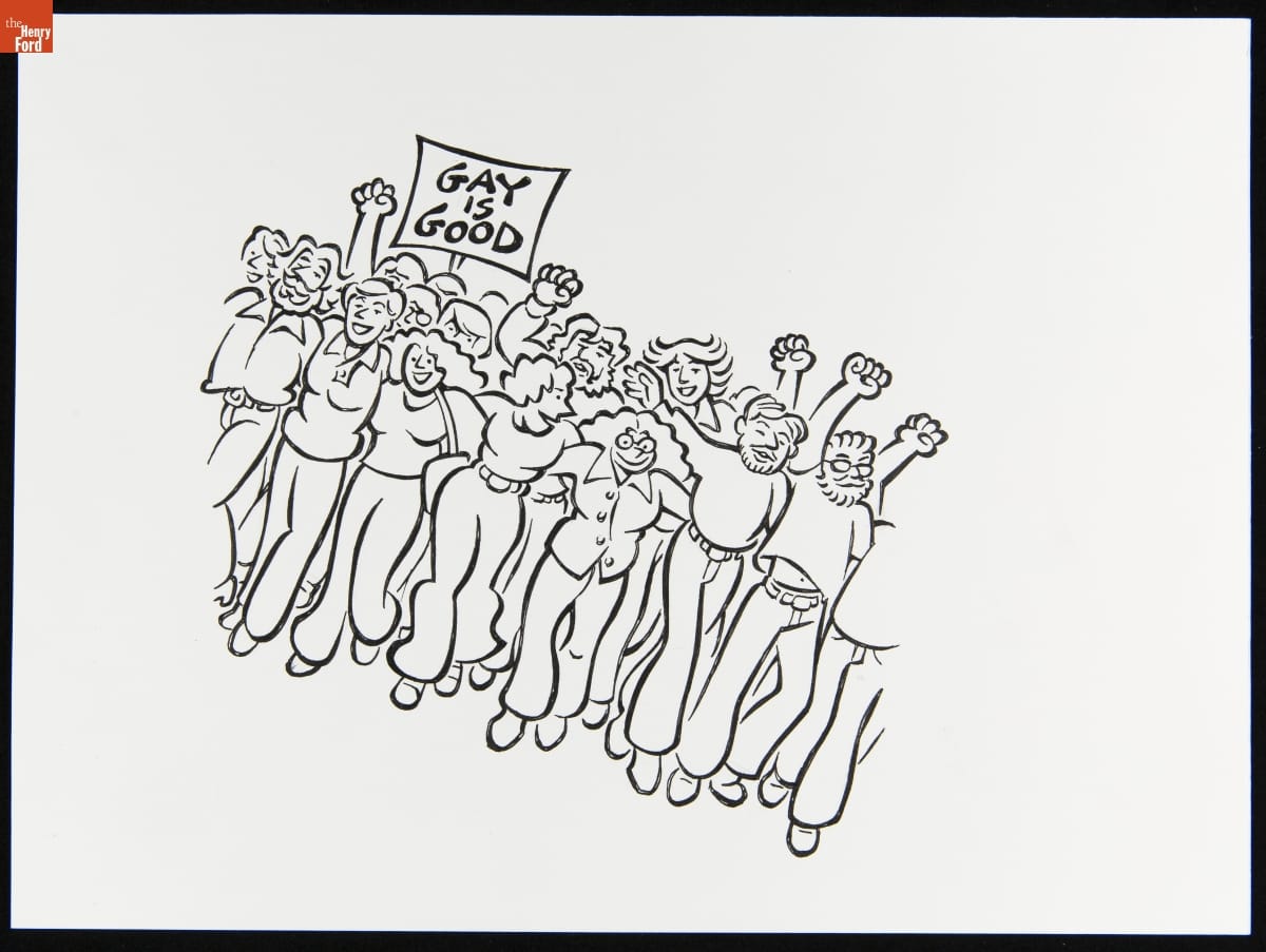 Line drawing depicting group of people arm-in-arm, some with hands in the air, one holding a sign reading 