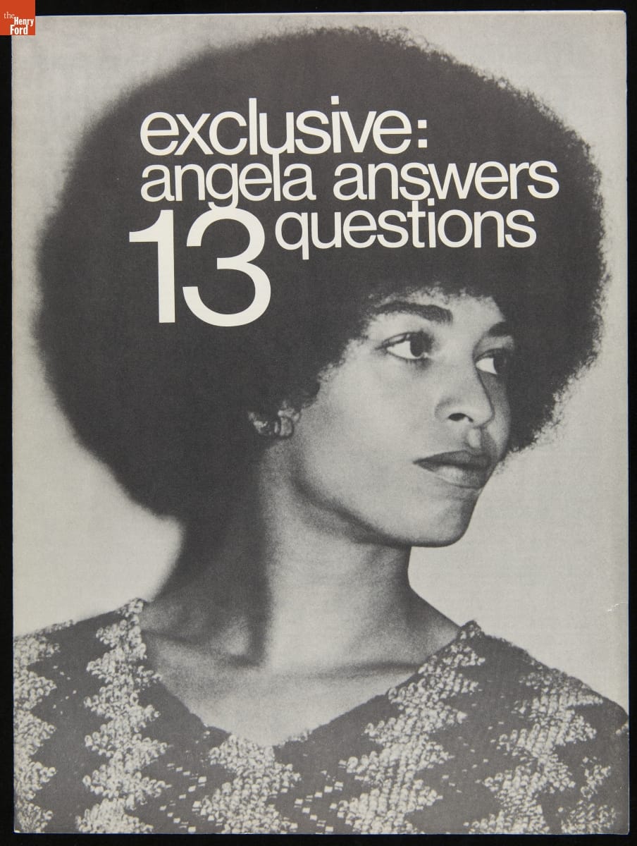Special Issue of Muhammad Speaks: “Exclusive: Angela Answers 13 Questions, Black-and-white sheet with text and photo of woman with large afro