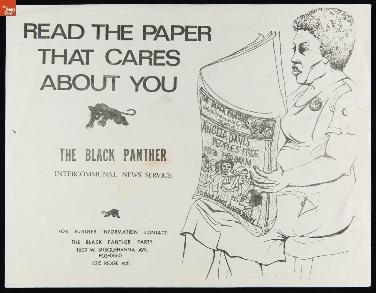 Flier, Black-and-white page with text and line drawing of woman reading newspaper