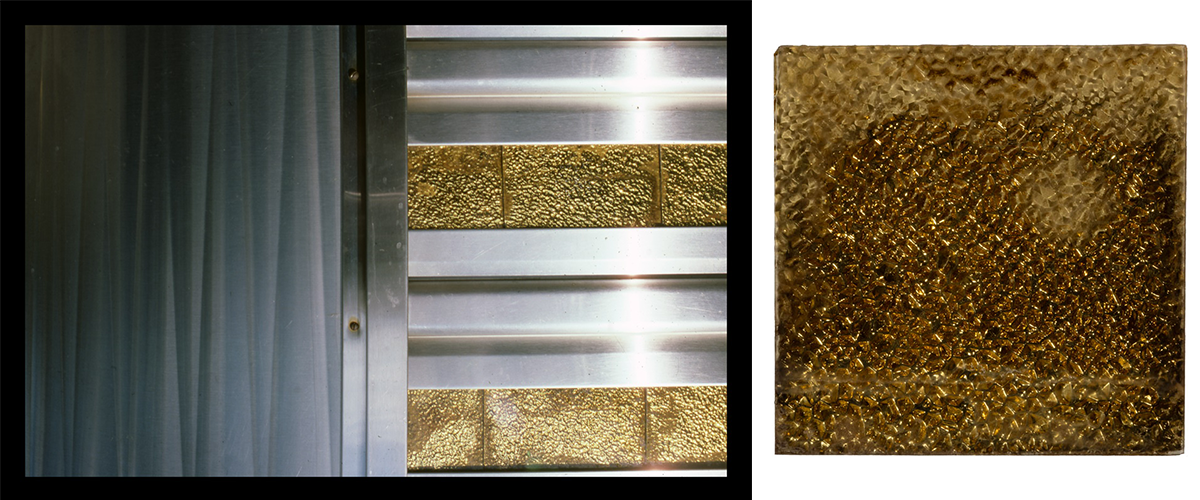 Flexglass and stainless steel cladding on Key City Diner, Phillipsburg, NJ (left), ; Flexglass tile from the Lincoln Diner, Kensington, CT, circa 1960 (right)