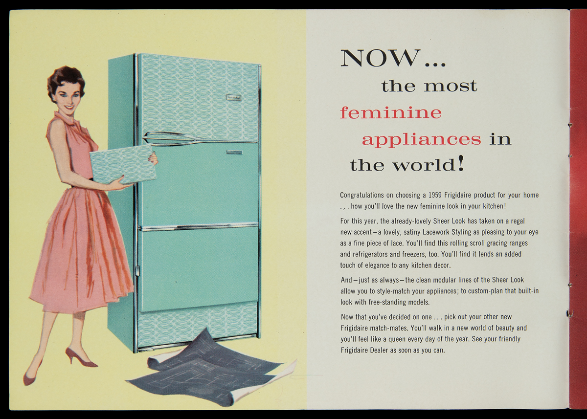 A turquoise version of the 1959 Lacework Styling Frigidaire model, shown in a trade catalog.